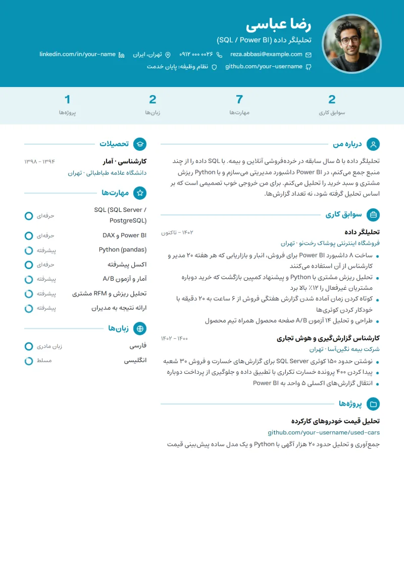 نمونه رزومه تحلیلگر داده — قالب اینفوگرافیک