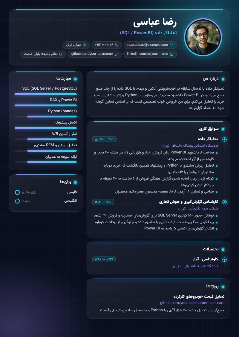نمونه رزومه تحلیلگر داده — قالب شب نئونی