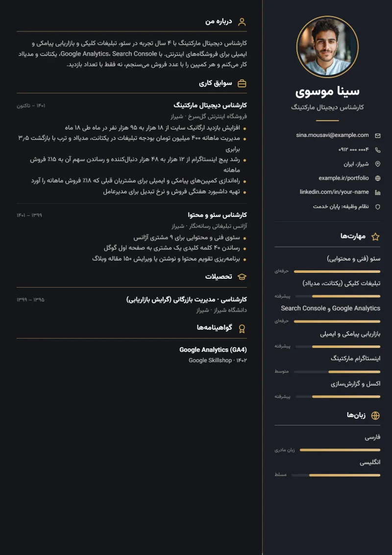 نمونه رزومه کارشناس دیجیتال مارکتینگ — قالب ستون تیره