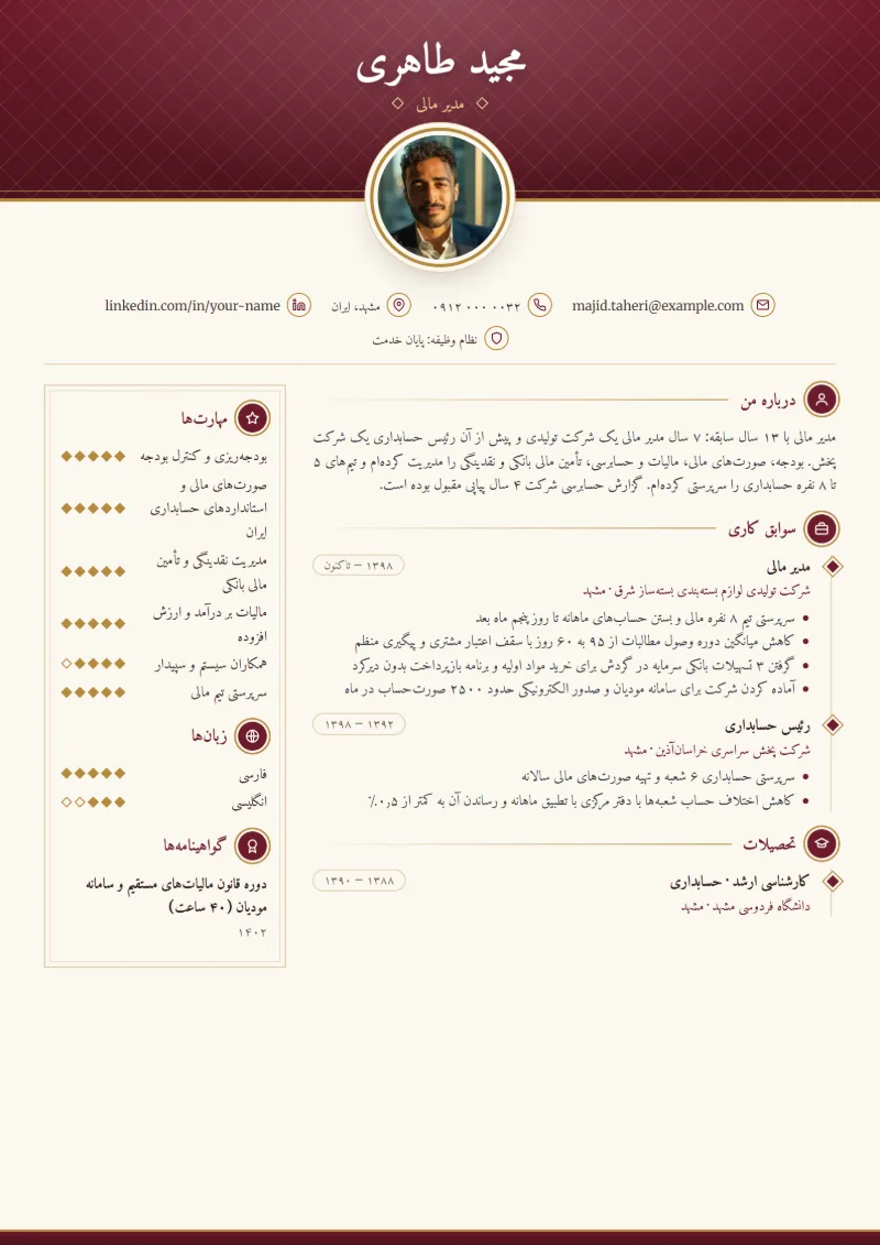 نمونه رزومه مدیر مالی — قالب کلاسیک