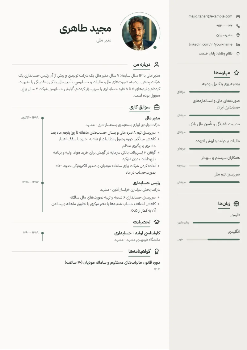 نمونه رزومه مدیر مالی — قالب مینیمال