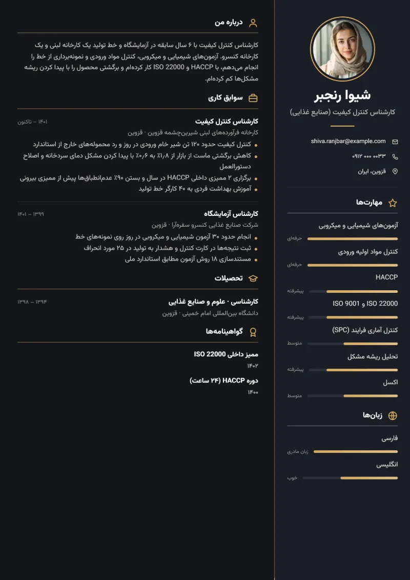 نمونه رزومه کارشناس کنترل کیفیت — قالب ستون تیره