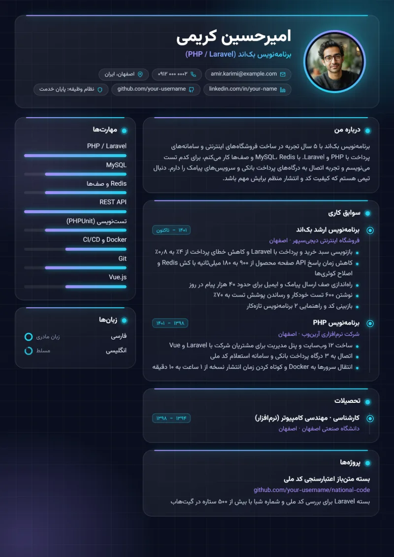 نمونه رزومه برنامه‌نویس — قالب شب نئونی