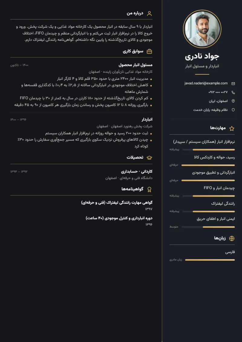 نمونه رزومه انباردار — قالب ستون تیره