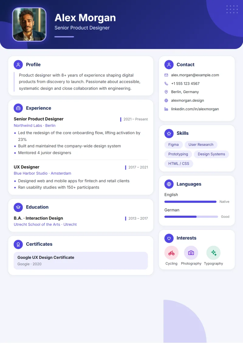 Sample resume in the Bento template