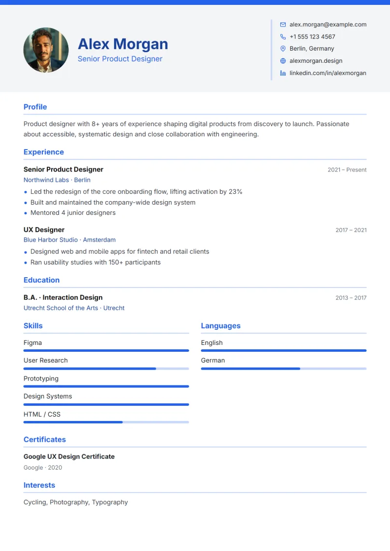 Sample resume in the Corporate template