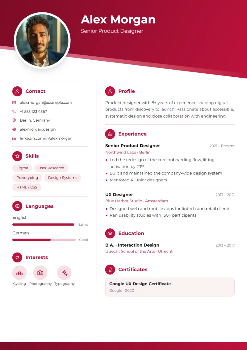 Sample resume in the Diagonal template