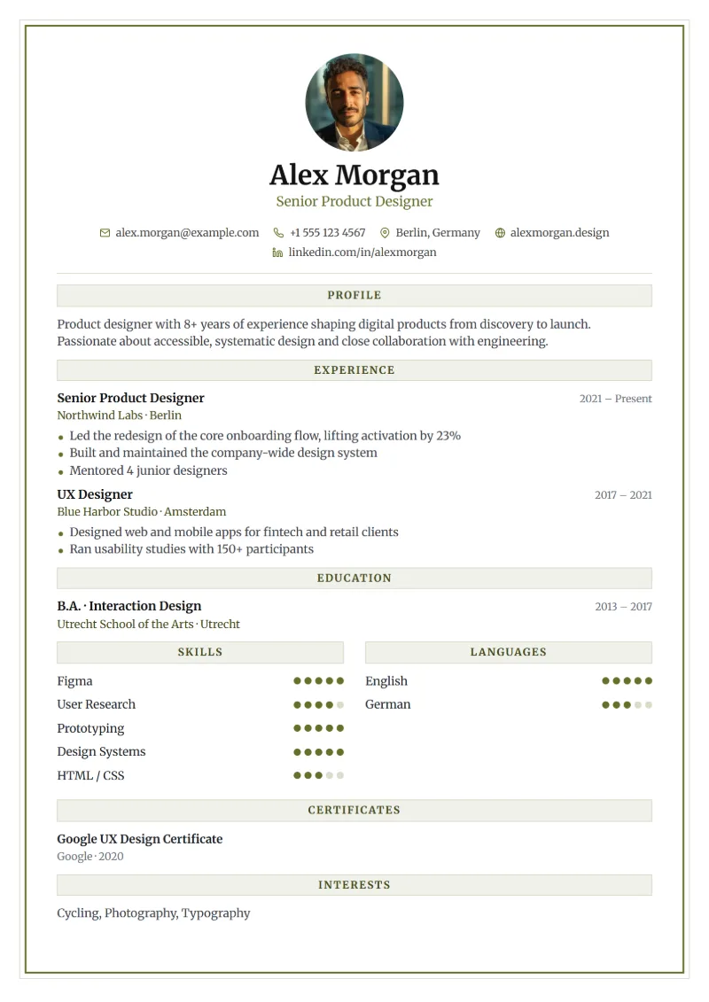 Sample resume in the Frame template