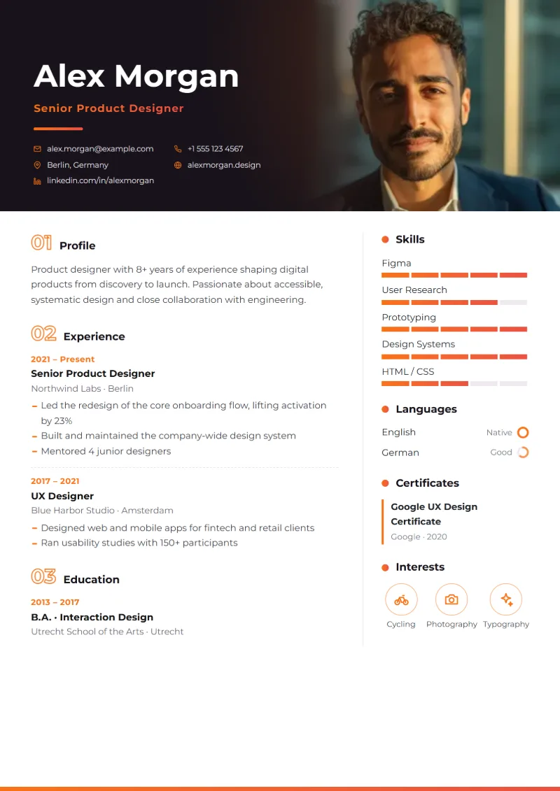 Sample resume in the Cinematic template