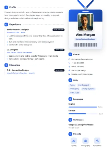 Sample resume in the ID badge template