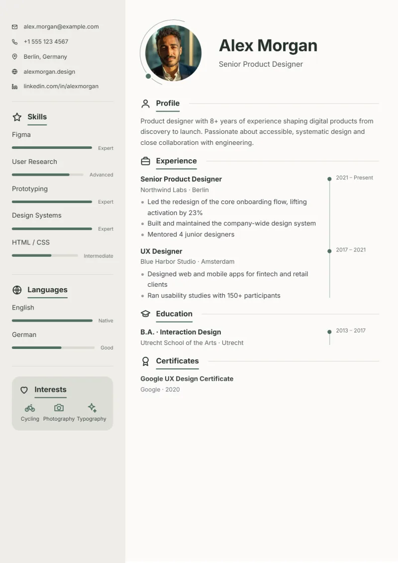Sample resume in the Minimal template