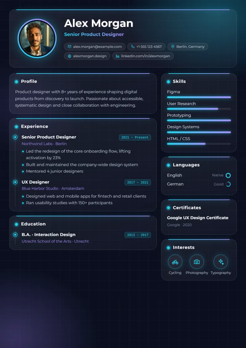 Sample resume in the Neon night template