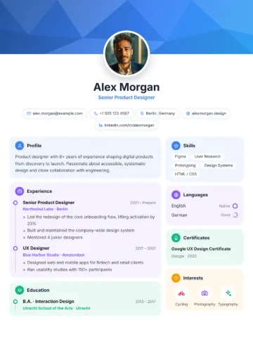 Sample resume in the Cover template