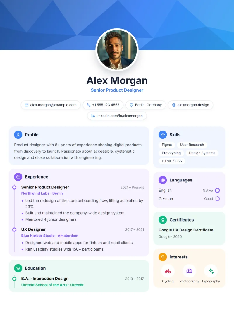 Sample resume in the Cover template