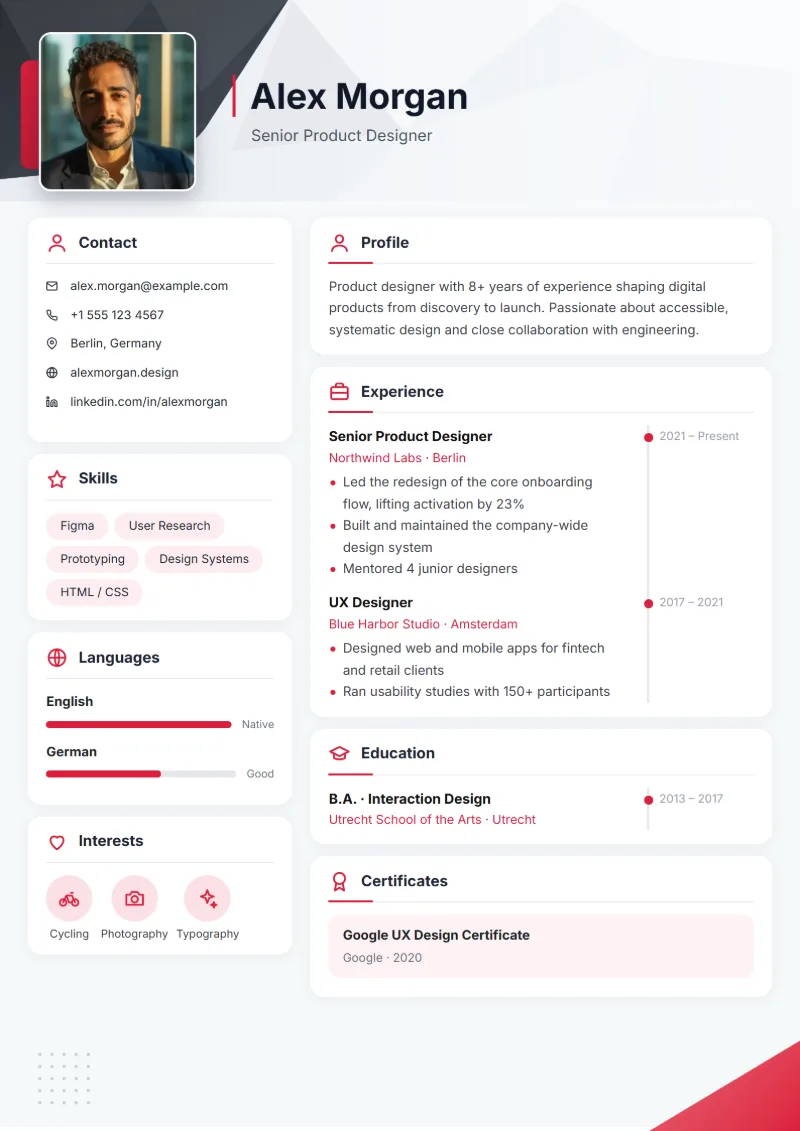 Sample resume in the Redline template