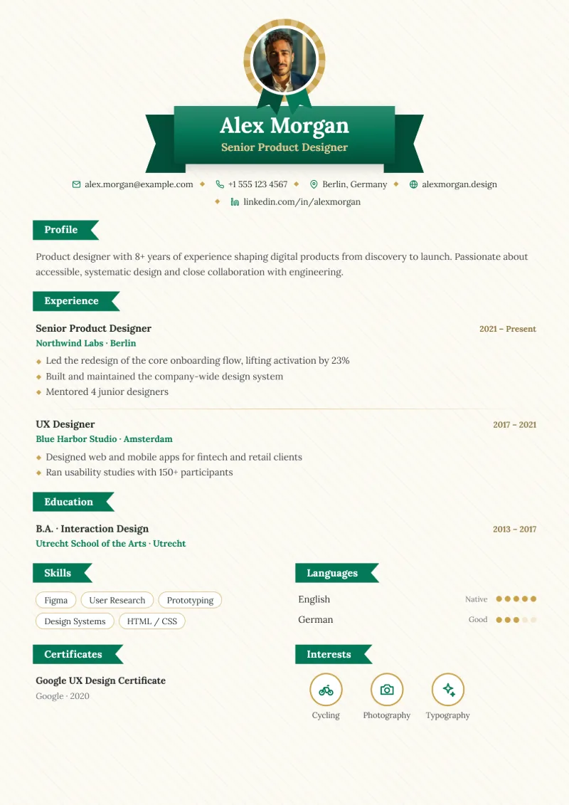 Sample resume in the Ribbon template
