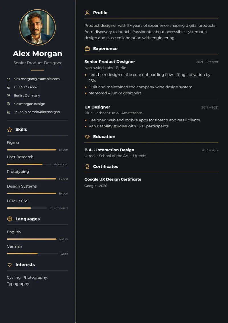 Sample resume in the Dark Sidebar template