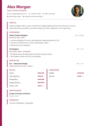 Sample resume in the Stripe template