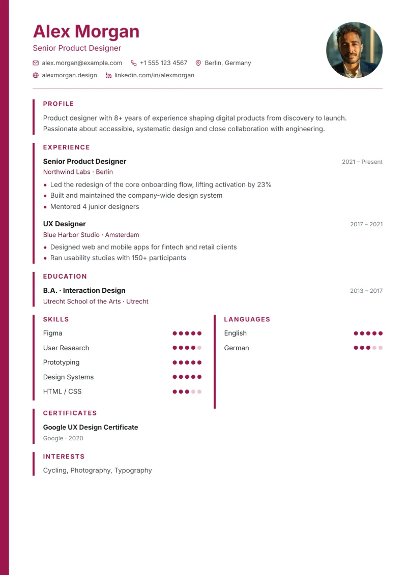 Sample resume in the Stripe template