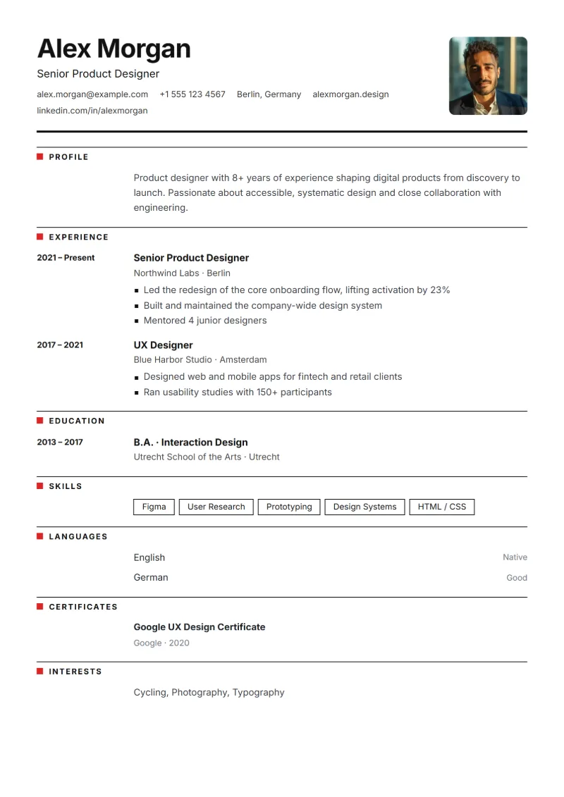 Sample resume in the Swiss template