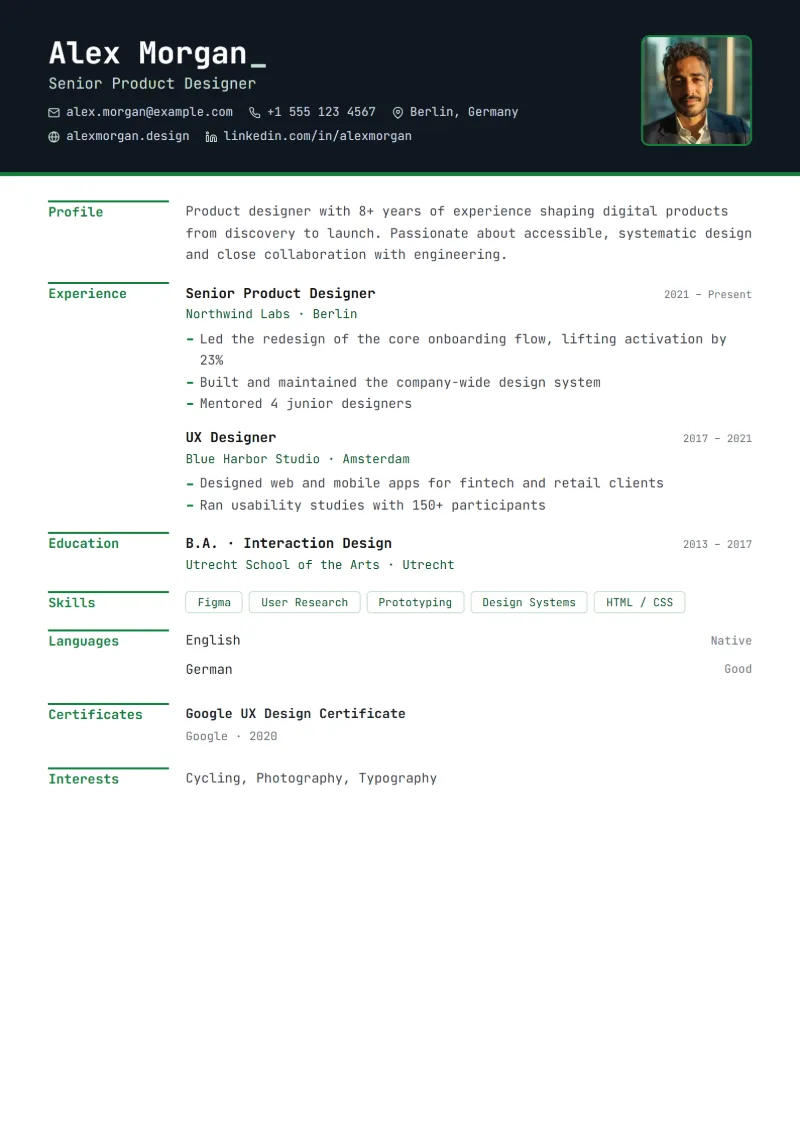 Sample resume in the Tech template