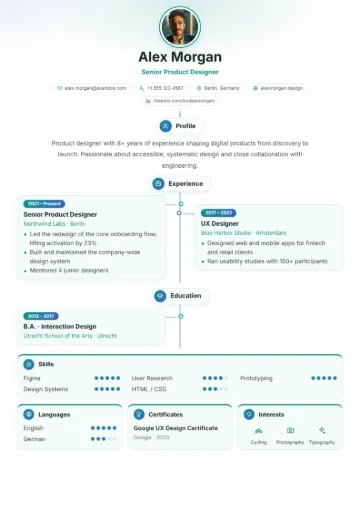 Sample resume in the Timeline template