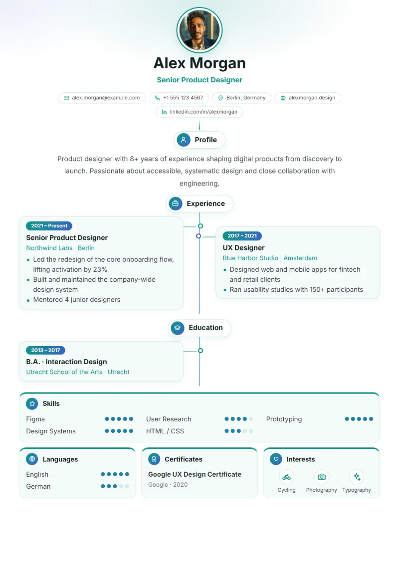 Sample resume in the Timeline template