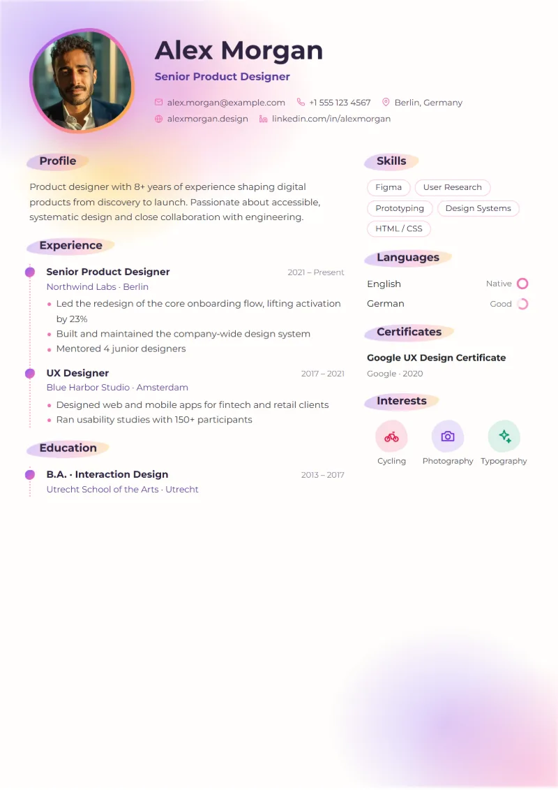 Sample resume in the Watercolor template